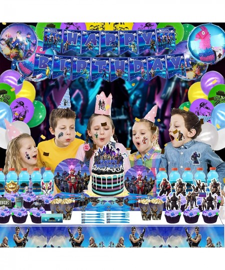 Fornite Party Supplies 266 Pcs Game Party Decorations Include Banners Cake Topper Door Hangings Napkins Stickers Knives Forks...