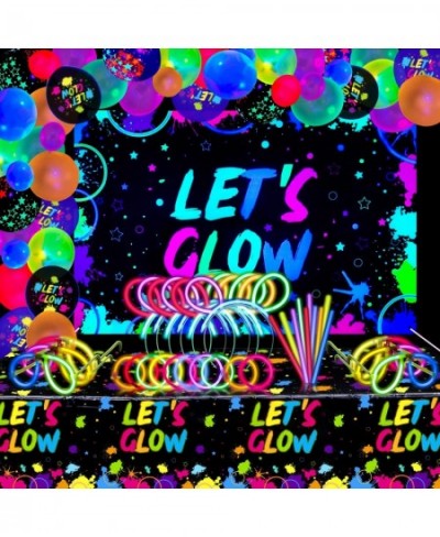 190 PCS Neon Glow Birthday Party Supplies - Let's Glow Backdrop Banner Tablecloth Glow in The Dark Balloons Glow Sticks Brace...