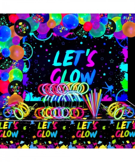 190 PCS Neon Glow Birthday Party Supplies - Let's Glow Backdrop Banner Tablecloth Glow in The Dark Balloons Glow Sticks Brace...