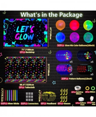 190 PCS Neon Glow Birthday Party Supplies - Let's Glow Backdrop Banner Tablecloth Glow in The Dark Balloons Glow Sticks Brace...