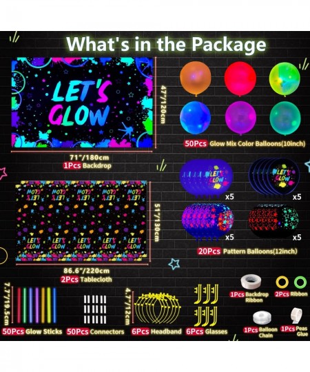 190 PCS Neon Glow Birthday Party Supplies - Let's Glow Backdrop Banner Tablecloth Glow in The Dark Balloons Glow Sticks Brace...