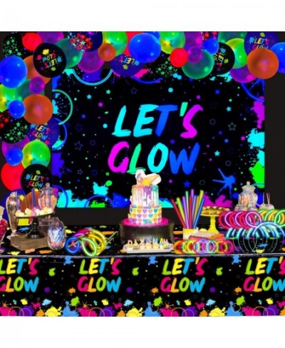 190 PCS Neon Glow Birthday Party Supplies - Let's Glow Backdrop Banner Tablecloth Glow in The Dark Balloons Glow Sticks Brace...