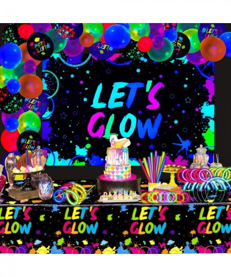 190 PCS Neon Glow Birthday Party Supplies - Let's Glow Backdrop Banner Tablecloth Glow in The Dark Balloons Glow Sticks Brace...