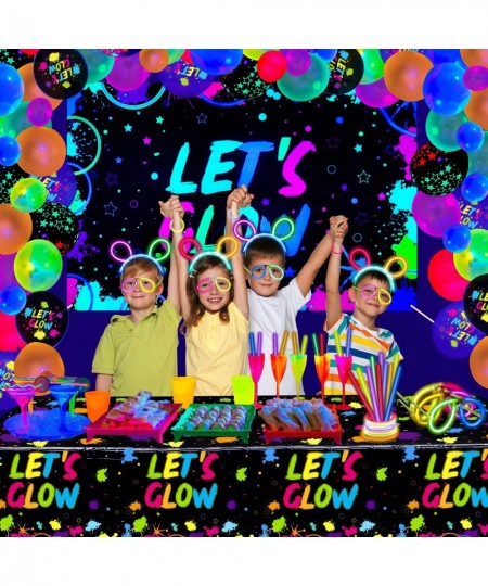 190 PCS Neon Glow Birthday Party Supplies - Let's Glow Backdrop Banner Tablecloth Glow in The Dark Balloons Glow Sticks Brace...