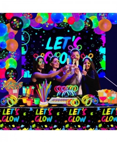 190 PCS Neon Glow Birthday Party Supplies - Let's Glow Backdrop Banner Tablecloth Glow in The Dark Balloons Glow Sticks Brace...