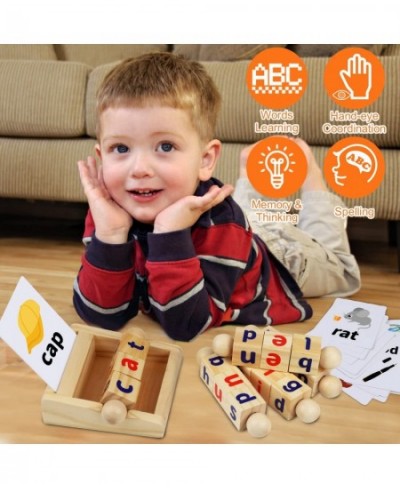 Montessori Toys for Toddlers 2 3 4 Years Old Wooden Reading Blocks Flash Cards Short Vowel Turning Rotating Matching Letters ...