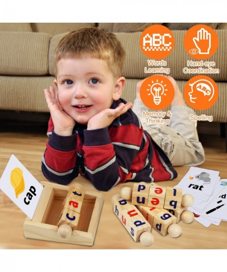 Montessori Toys for Toddlers 2 3 4 Years Old Wooden Reading Blocks Flash Cards Short Vowel Turning Rotating Matching Letters ...