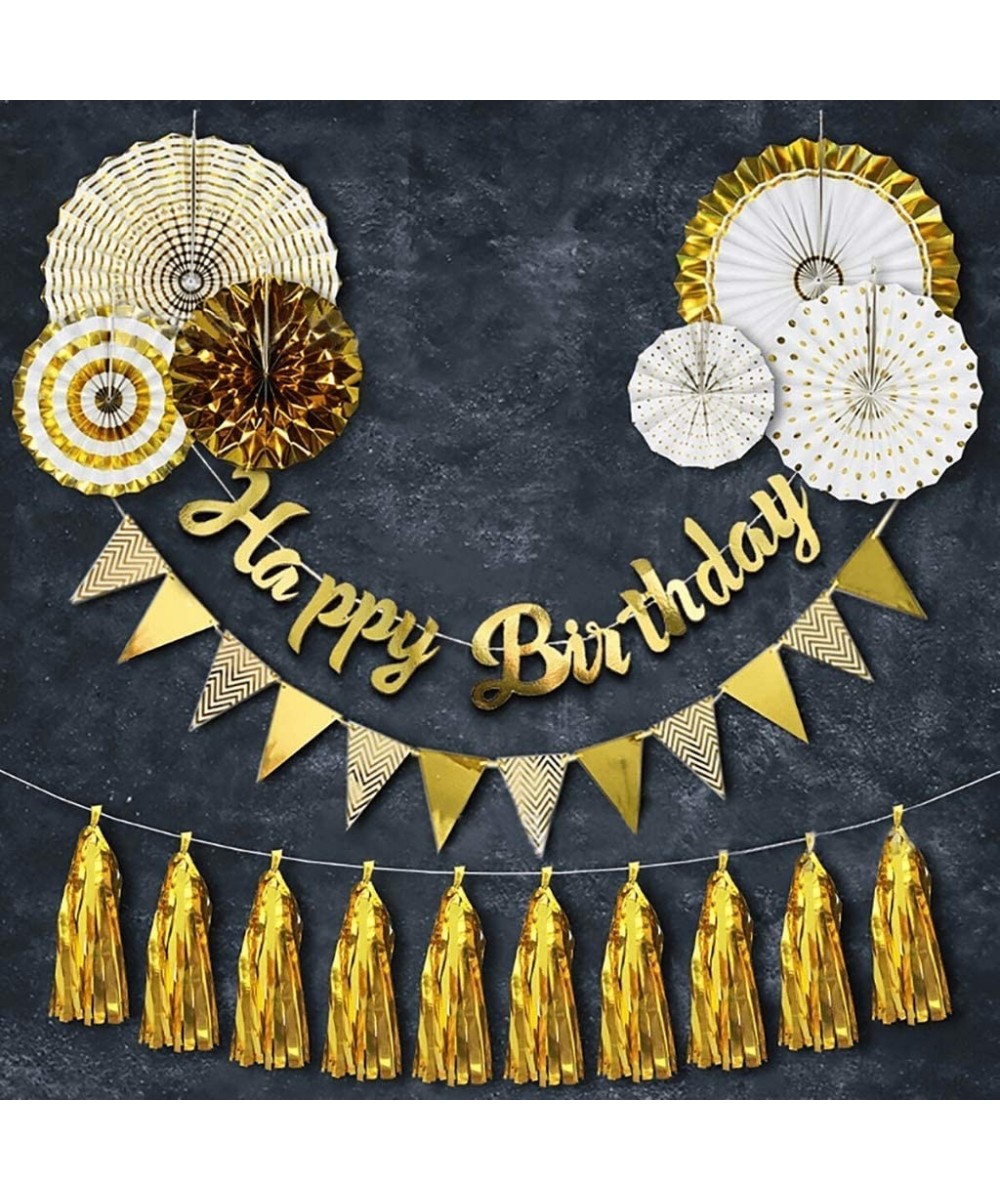 Gold Birthday Party Decorations Set – Happy Birthday Banner Flag 6 Paper Fans Party Banner Bunting Decoration and a Foil Tass...