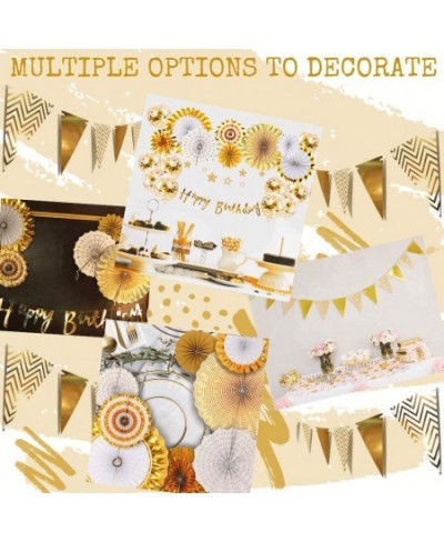 Gold Birthday Party Decorations Set – Happy Birthday Banner Flag 6 Paper Fans Party Banner Bunting Decoration and a Foil Tass...