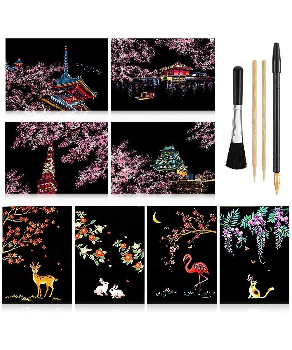 Scratch Paper Art Set 8 Sheets Rainbow Painting Scratch Off Art Cherry Blossom & Animal Mini Postcard Art Craft Supplies for ...