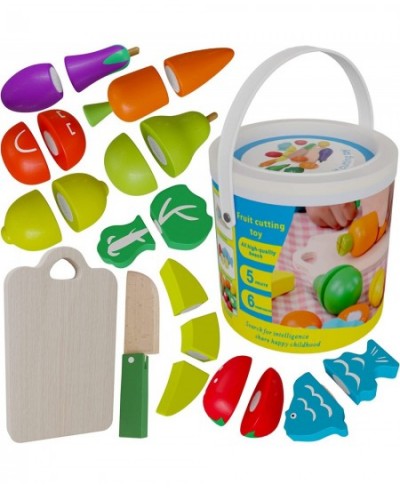 13 Pcs Wood Fruit & Veggie Set - Fruit & Vegetable Cutting Toy - Cutting Fruit Toys for Kids Kitchen Pretend Cooking - Wooden...