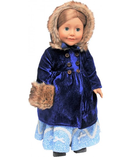 18 Inch Doll Clothes Outfit Blue Velvet American 1800's Style Winter Fur Trimmed Coat Hat & Faux Fur Muff Intended for Americ...