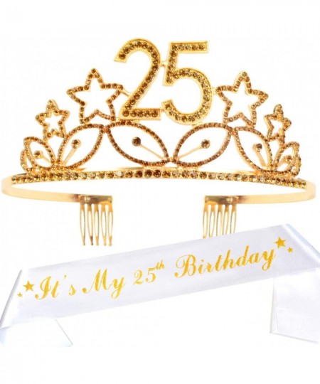 25th Birthday Sash and Tiara for Women - Fabulous Set: Glitter Sash + Stars Rhinestone Gold Premium Metal Tiara for Women 25t...