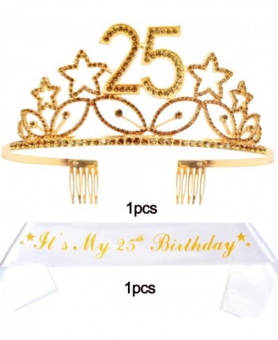 25th Birthday Sash and Tiara for Women - Fabulous Set: Glitter Sash + Stars Rhinestone Gold Premium Metal Tiara for Women 25t...