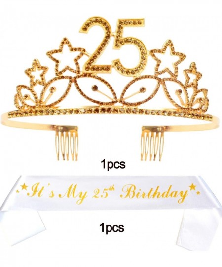 25th Birthday Sash and Tiara for Women - Fabulous Set: Glitter Sash + Stars Rhinestone Gold Premium Metal Tiara for Women 25t...