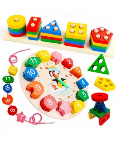 Wooden Puzzles for Toddlers 2 Pack Montessori Early Learning Wooden Block Toys for Kids Shape Sorting Color Stacking Clock an...