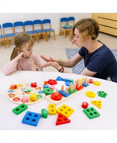 Wooden Puzzles for Toddlers 2 Pack Montessori Early Learning Wooden Block Toys for Kids Shape Sorting Color Stacking Clock an...