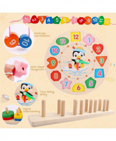 Wooden Puzzles for Toddlers 2 Pack Montessori Early Learning Wooden Block Toys for Kids Shape Sorting Color Stacking Clock an...