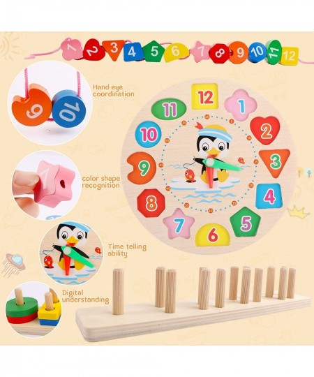 Wooden Puzzles for Toddlers 2 Pack Montessori Early Learning Wooden Block Toys for Kids Shape Sorting Color Stacking Clock an...