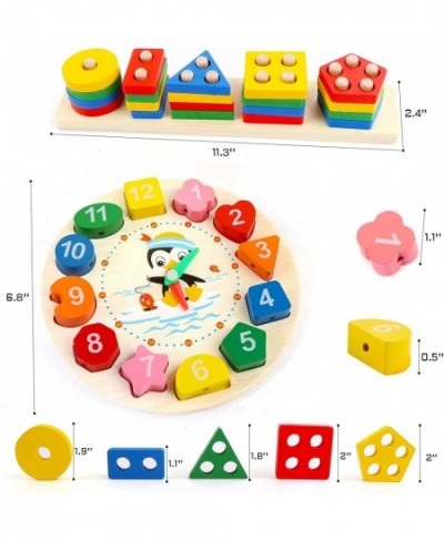 Wooden Puzzles for Toddlers 2 Pack Montessori Early Learning Wooden Block Toys for Kids Shape Sorting Color Stacking Clock an...