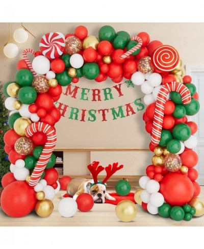 Christmas Balloon Garland Arch Kit with Red White Golden Dark Green Balloons Candy Foil Balloons Candy Cane Balloons Gold Seq...