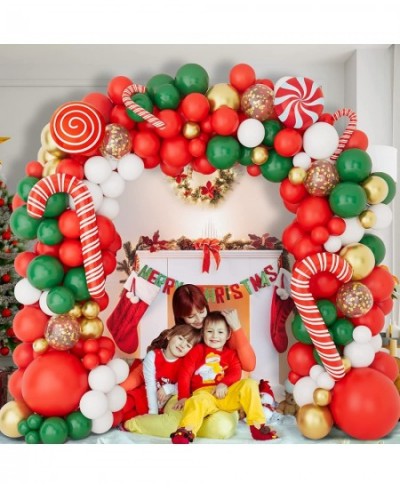 Christmas Balloon Garland Arch Kit with Red White Golden Dark Green Balloons Candy Foil Balloons Candy Cane Balloons Gold Seq...