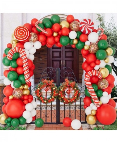 Christmas Balloon Garland Arch Kit with Red White Golden Dark Green Balloons Candy Foil Balloons Candy Cane Balloons Gold Seq...