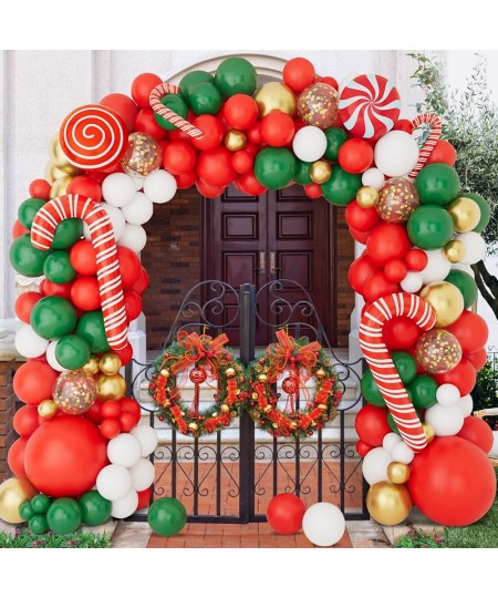 Christmas Balloon Garland Arch Kit with Red White Golden Dark Green Balloons Candy Foil Balloons Candy Cane Balloons Gold Seq...