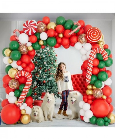 Christmas Balloon Garland Arch Kit with Red White Golden Dark Green Balloons Candy Foil Balloons Candy Cane Balloons Gold Seq...