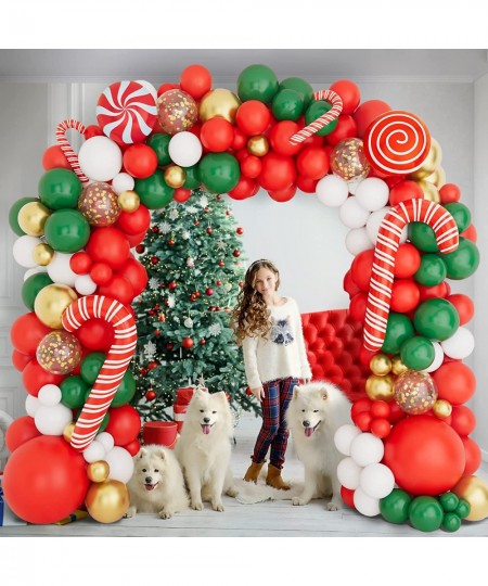 Christmas Balloon Garland Arch Kit with Red White Golden Dark Green Balloons Candy Foil Balloons Candy Cane Balloons Gold Seq...