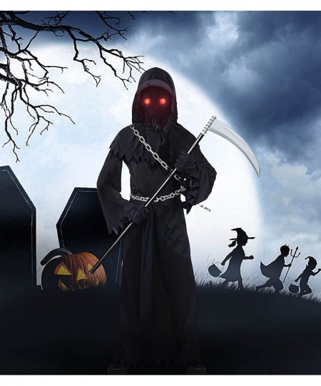 Grim Reaper Costume Kids Scary Costumes with Glowing Red Eyes Halloween Cosplay with Plastic Toys for Boys Girls $47.70 - Kid...