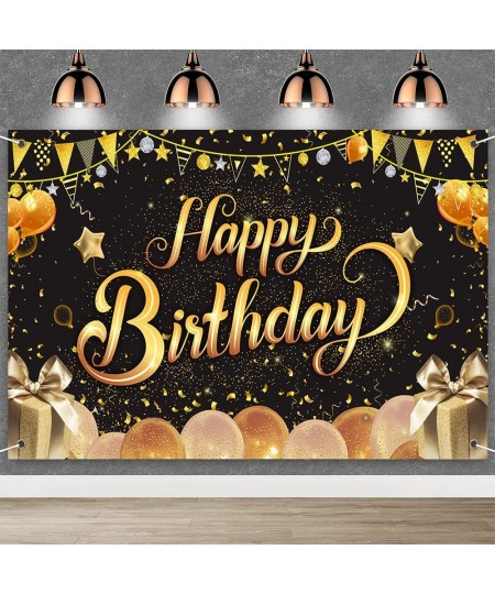 Happy Birthday Backdrop Banner Black and Gold Birthday Party Decorations for Women Men Large Glitter Birthday Backdrop Sign P...