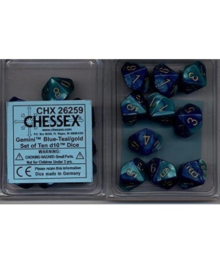 Dice d10 Sets: Gemini Blue / Teal with Gold - Ten Sided Die (10) $29.39 - Game Accessories