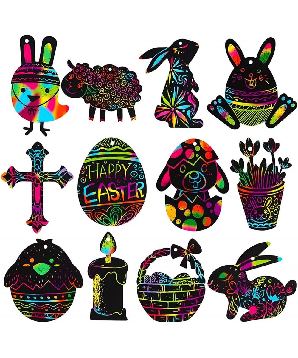 Easter Scratch Art for Kids 24pcs Easter Eggs Bunny Chick Ornament Magic Scratch Paper Art for Easter Decoration Party Suppli...