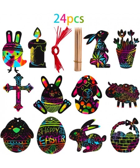 Easter Scratch Art for Kids 24pcs Easter Eggs Bunny Chick Ornament Magic Scratch Paper Art for Easter Decoration Party Suppli...