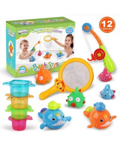 Bath Toy Fishing Floating Squirts Toy Water Scoop Swimming Whales and Stacking Cups with Organizer Bag(12 Pack) Bathtub Tub T...