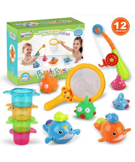 Bath Toy Fishing Floating Squirts Toy Water Scoop Swimming Whales and Stacking Cups with Organizer Bag(12 Pack) Bathtub Tub T...