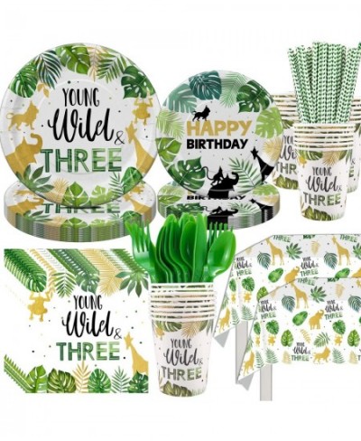 Young Wild And Three Decorations Tableware Safari Jungle Theme 3rd Birthday Party Supplies Dinnerware Include Plates Cup Napk...