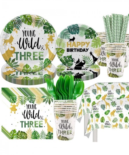 Young Wild And Three Decorations Tableware Safari Jungle Theme 3rd Birthday Party Supplies Dinnerware Include Plates Cup Napk...