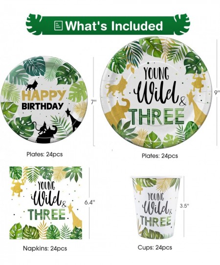 Young Wild And Three Decorations Tableware Safari Jungle Theme 3rd Birthday Party Supplies Dinnerware Include Plates Cup Napk...