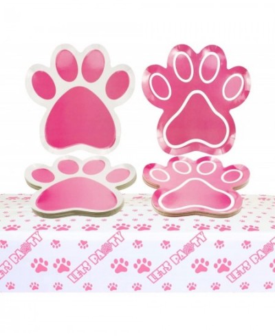 40Pcs 9in Paw Shaped Party Plates 1Pcs 54x86in LET'S PAWTY Paw Print Tablecloth Pink Puppy Pet Paw Prints Plates for Doggy an...