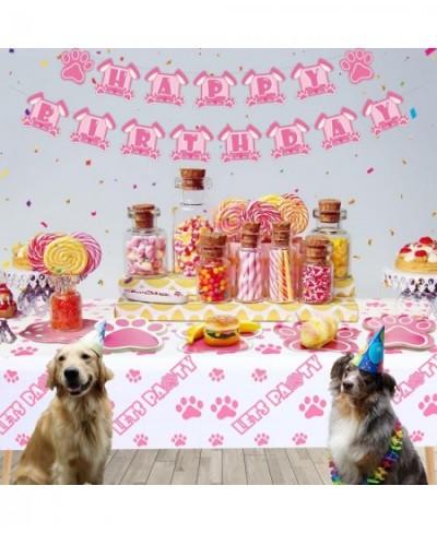 40Pcs 9in Paw Shaped Party Plates 1Pcs 54x86in LET'S PAWTY Paw Print Tablecloth Pink Puppy Pet Paw Prints Plates for Doggy an...