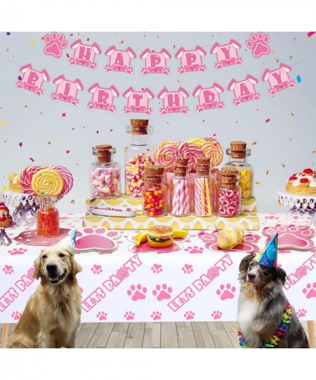 40Pcs 9in Paw Shaped Party Plates 1Pcs 54x86in LET'S PAWTY Paw Print Tablecloth Pink Puppy Pet Paw Prints Plates for Doggy an...