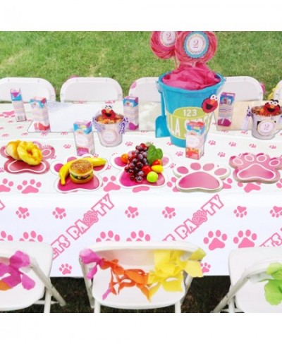 40Pcs 9in Paw Shaped Party Plates 1Pcs 54x86in LET'S PAWTY Paw Print Tablecloth Pink Puppy Pet Paw Prints Plates for Doggy an...