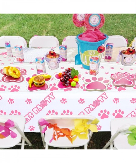 40Pcs 9in Paw Shaped Party Plates 1Pcs 54x86in LET'S PAWTY Paw Print Tablecloth Pink Puppy Pet Paw Prints Plates for Doggy an...