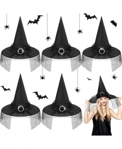 5 Pieces Halloween Witch Hat for Women Vintage Party Witch Hat Halloween Cosplay Costume Accessories Lace Veils Hanging Wizar...