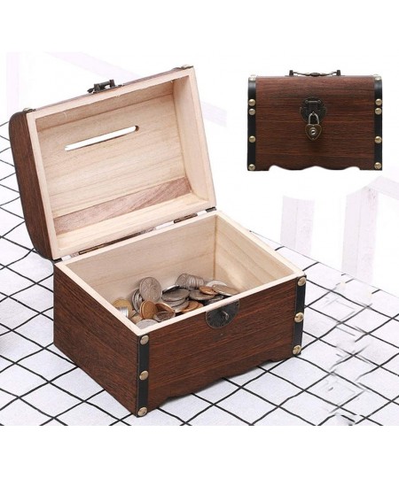 Retro Wooden Treasure Chest Piggy Bank with Lock Handmade Piggy Bank Vintage Banknotes and Coins Safe Money Box for Gift Home...