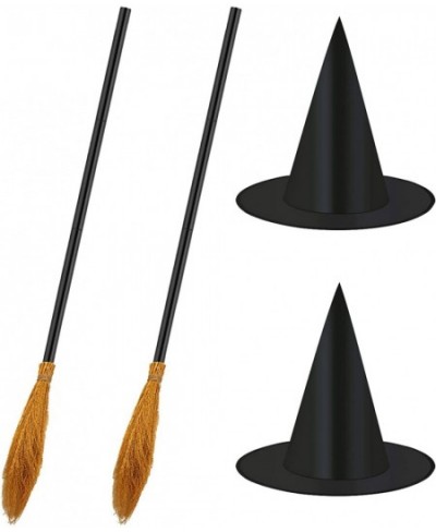 4 Pieces Halloween Witch Broom Hat Set 2 Pack Halloween Witch Brooms and 2 Pack Halloween Witch Hats Costume Accessory for Ha...