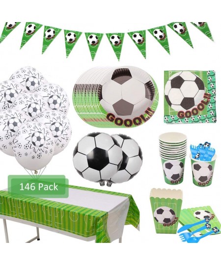 146 Pcs Soccer Disposable Tableware Set Sport Theme Party Decorations Soccer Balloons Tablecloth Banner Plates Napkins Cups P...