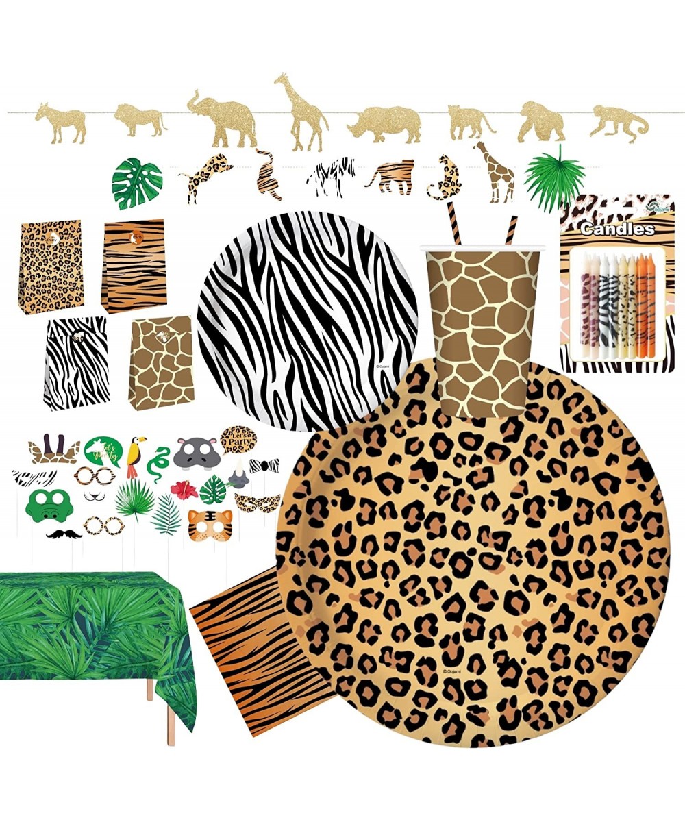 24 Guest Jungle Safari Zoo Animal Print Birthday Party Supplies Includes Plates Cups Napkins Candles Table Covers DIY Photo P...